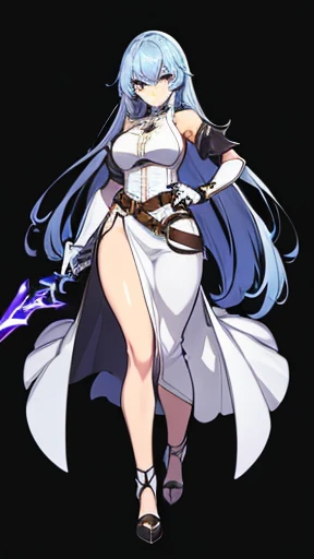 (((Best Quality))) , ((full body)), female, reference sheet, solo, (white background), holding weapon, gloves, slit trench skirt, backless skirt, belt, standing, high fantasy clothes,