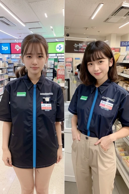 (onoff,side-by-side photo,split screen),(masterpiece:1.4), (best quality:1.4) ,8K,cinematic lighting,((best quality)), (masterpiece) , (realistic shadow) , (depth of field),(intricate details:1.4), 1girl,Japanese,(Brown mideum wave hair with asymmetrical bangs:1.3),Happy smiling face,(Slender body:1.4),hairy pussy,konbini, scenery, shop,convinience store,food, indoors, employee uniform, uniform,id card, striped, shirt, pants, standing, famima, famimaU,