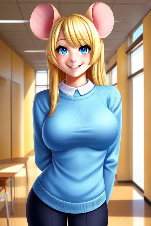 Shy mouse girl High school student ,solo, female, blonde hair, blue eyes, smiling, big breasts, slim, small waist, small hips, American high school, cropped sweater, hands behind back, happy, looking at viewer, high quality