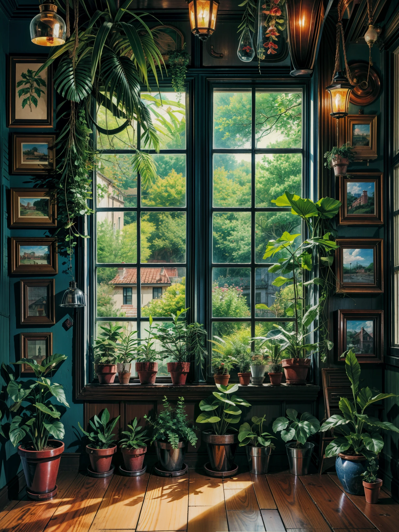 a room filled with lots of potted plants, by Evgeny Lushpin, inspired by Evgeny Lushpin, realistic windows, photorealistic room, by Edward Okuń, by Chris LaBrooy, painting of a room, personal room background, hypperrealistic painting, cozy home background, lit windows, room full of plants, window sill with plants, the window, 4k hd,, beautiful art uhd 4 k, a beautiful artwork illustration, beautiful digital painting, highly detailed digital painting, beautiful digital artwork, detailed painting 4 k, very detailed digital painting, rich picturesque colors, gorgeous digital painting