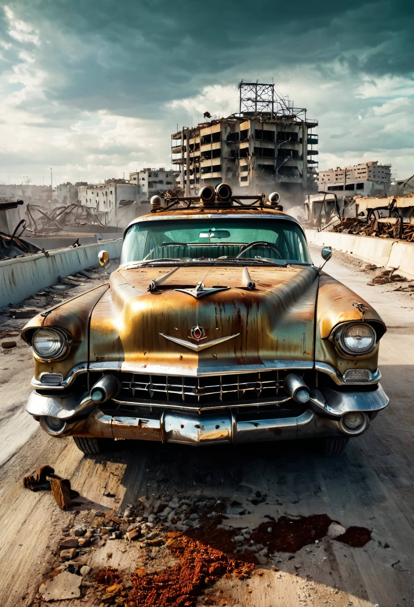 faithful image of an old rusty 1955 cadilac eldorado with spikes and spikes on the hood, military style with modifications, the car is racing on a street suspended over a destroyed white concrete overpass in the center of a post-apocalyptic city with many buildings around, carro steampunk, dramatic art, estilo de arte dieselpunk, apocalyptic road warrior vibe, a girl with sunglasses is inside the car, arte digital surreal, Mad Max inspirado, heavy metal artwork, simetria da face cromada, arte steampunk digital, It&#39;s not the Mad Max style, metal art, It&#39;s not Filip Hodas&#39; art style, arte digital steampunk, dieselpunk, em um mundo hightech, foto na diagonal