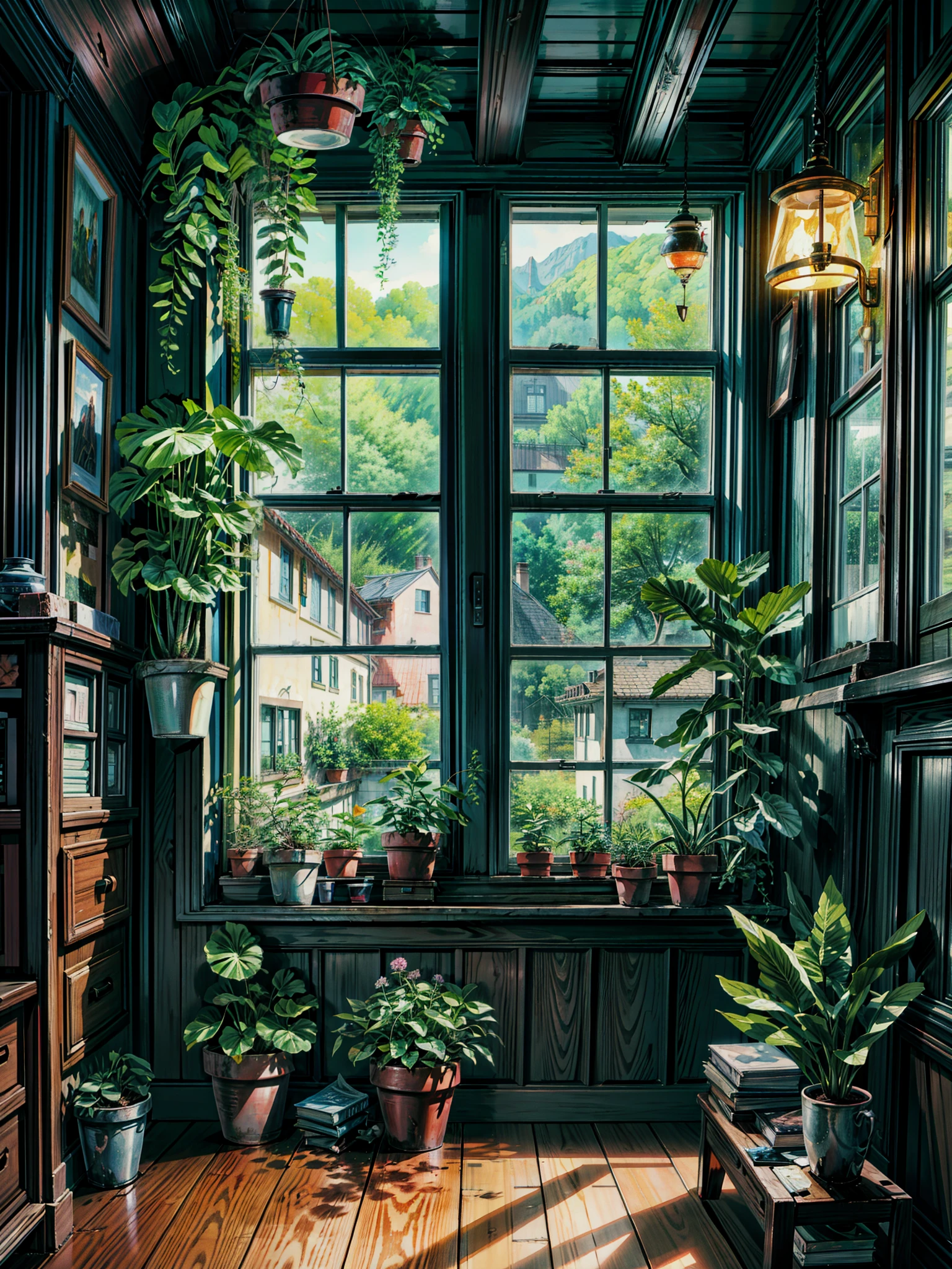 a room filled with lots of potted plants, by Evgeny Lushpin, inspired by Evgeny Lushpin, realistic windows, photorealistic room, by Edward Okuń, by Chris LaBrooy, painting of a room, personal room background, hypperrealistic painting, cozy home background, lit windows, room full of plants, window sill with plants, the window, 4k hd,, beautiful art uhd 4 k, a beautiful artwork illustration, beautiful digital painting, highly detailed digital painting, beautiful digital artwork, detailed painting 4 k, very detailed digital painting, rich picturesque colors, gorgeous digital painting