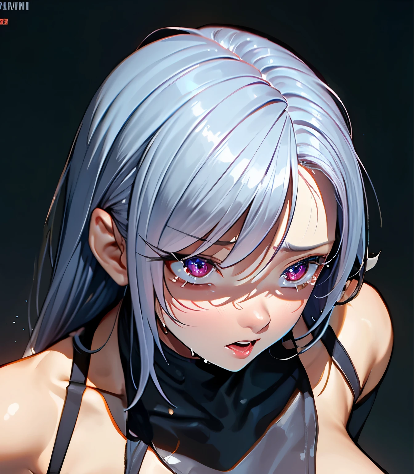 girl, embarrassed, bashful face, open mouth, orgasm face, feel ecstasy, crying, glaring, looking up, look at viewer, talking, silver color hair, beautiful eye, high detailed real pupil, double eyelid, high detailed real skin, high quality skin, sweaty skin, professional lighting real shadow, masterpiece,