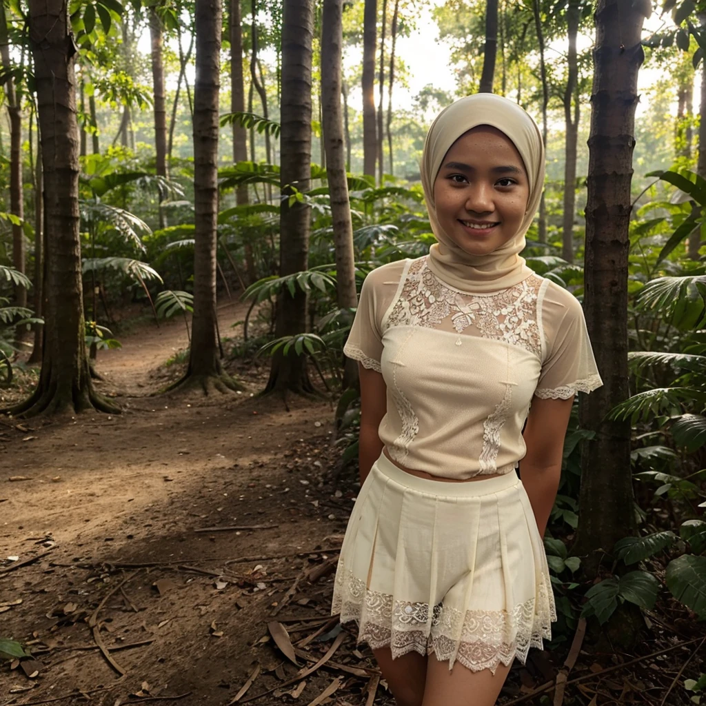 A 9 years old Indonesian woman in light blue hijab, wearing very short light blue lace tight t-shirt, wearing very short see-through light blue lace skirt, skirtlift, villager, poor woman, darker skin, curvier body, short body, small breasts, flat-chested, smiling and standing in a dark forest, look to the viewer with eye close