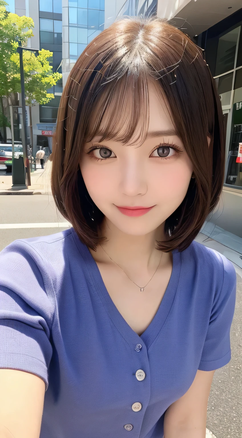 ((highest quality, 8K, masterpiece :1.3))table top, highest quality, figure, Super detailed, small details, High resolution, 8k wallpaper, Perfect dynamic composition figure, detailed and beautiful eyes, women summer,short bob hair,small breasts and natural colored lips, bold sexy pose,smile,office lady uniform, office wear, purple t-shirt,Harajuku、20 year old girl、cute、Check out the sexy shots from the lens