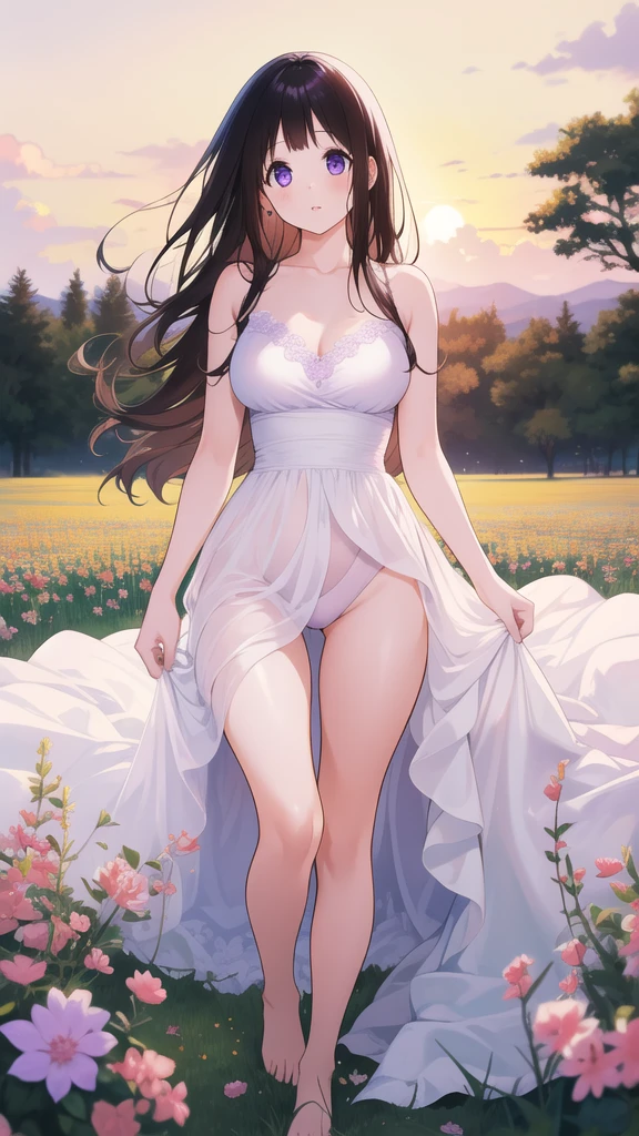 Stunning Chitanda, There is only one beautiful girl,purple eyes, black hair, Naturally straight hair, straight bangs,extremely refined,adult face,lips open,flowing long hair,Peerless beautiful girl, dreamlike,Slim,soft, (Sensual), (kawaii), Dream quality,white dress,Run in the fields,bare shoulders,exposed collarbone,bare neck,Bare thighs,Exposing the groin,camel toe,bare legs,barefoot,extremely shy,ultra high resolution, (masterpiece:1.2, best quality), (Exquisite and beautiful eyes: 1.2), (Beautiful and delicate face)