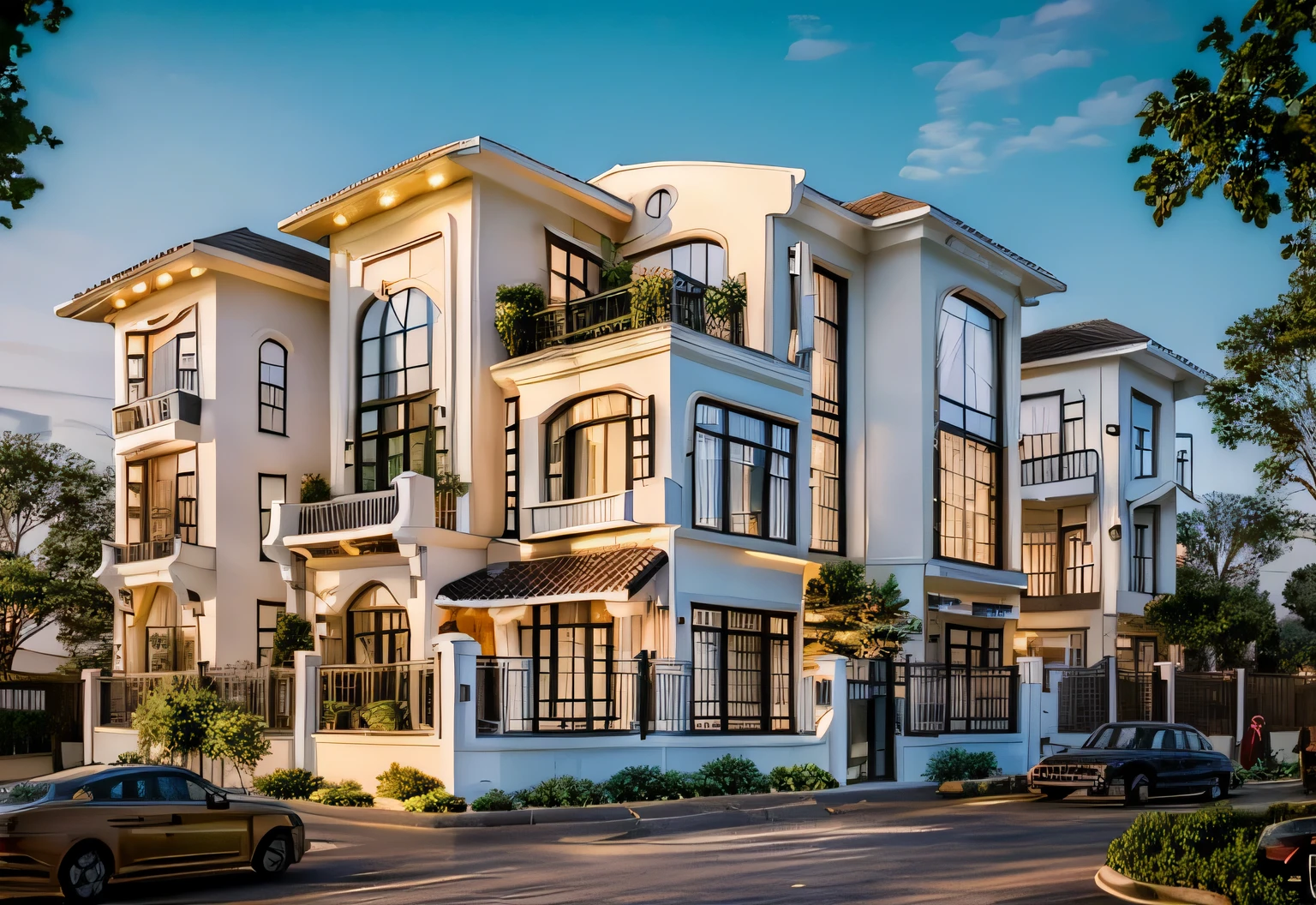 (Townhouse in city ,close houses and trees), (indochine style architecture) daylight ( best quality) ((high solution)) ,(( photo realistic)) ,warm light, soft lighting, warm atmosphere,high Resolution, hyper detailed,4k ,vray render, octane render, hyper realistic, photography expert ,exterior design , professional photography, exterior photography,wide-angle shot , ultra detail , high Resolution , full frame, full body