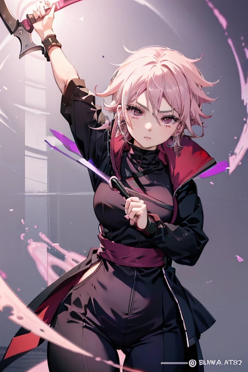 A light pink haired female ninja with violet eyes and an hourglass figure in a conservative sarada outfit is spinning a scythe