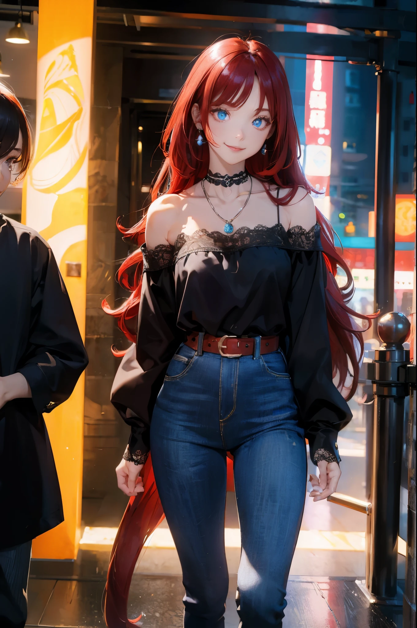 (masterpiece:1.2), (best quality:1.2), perfect eyes, perfect face, perfect lighting, 1 boy, adult, Smile, long red hair, straight hair, Exquisite hairstyle, fashionable, One-piece off-shoulder long shirt, Band Printing, jewelry, necklace, earrings, armband, lace choker, belt, Low-rise black jeans, thick eyelashes, cosmetic, eye shadow, Detailed shopping mall background, crowd,Glowing cracks, Skin rupture, broken skin, skin breakdown, broken skin