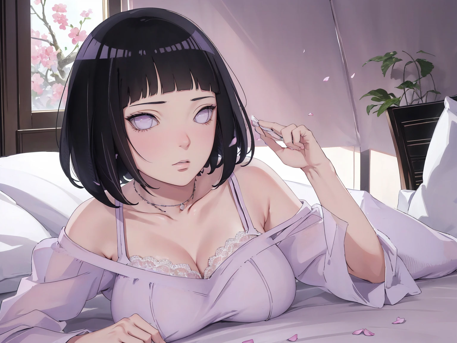 { - anatomy error} (Masterpiece - Ultra-detailed, very high resolution) (huge titusty, masterpiece, absurdres, hinata\(boruto\), 1girl, solo,mature female, off-shoulder bra, high waist black short skirt, looking at viewelling petals), perfect composition, detailed lips, big breast, beautiful face, body propotion, blush, (pink lips), short hair, (black hair), purple eyes, soft gaze, super realistic, detailed, photoshoot, realistic face and body, closed mouth, laying on the bed , Lie on your stomach on the bed, lilac eyes, upper body, lace clothes, with chin resting on shoulder, perfect fingers