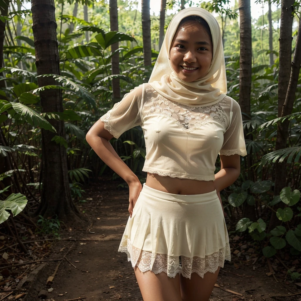 A Indonesian woman in cream color hijab, wearing cream color lace tight t-shirt, wearing very short see-through cream color lace skirt, skirtlift, villager, poor woman, darker skin, curvier body, short body, smiling and standing in a dark forest, look to the viewer with eye close