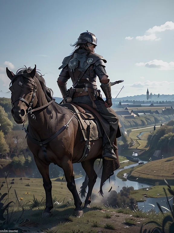 Cartoon style pictures ,(Europe),man,midnight,Overall black tone, Characters take up one fifth,Create dystopian masterpieces, Game of Thrones movie scenes, The whole character is dressed in Game of Thrones style, Rugged full body metal armor, The background is the medieval manor farmland,river,torch,horse,flying dragon,A group of farmers,field,farming,(helmet,Face covering,In the shadows,Faceless,健壮的man, strong, shabby),dynamic poses, ((Turn your back to the camera,look into the distance,not looking at camera)), Photos taken from a distance,