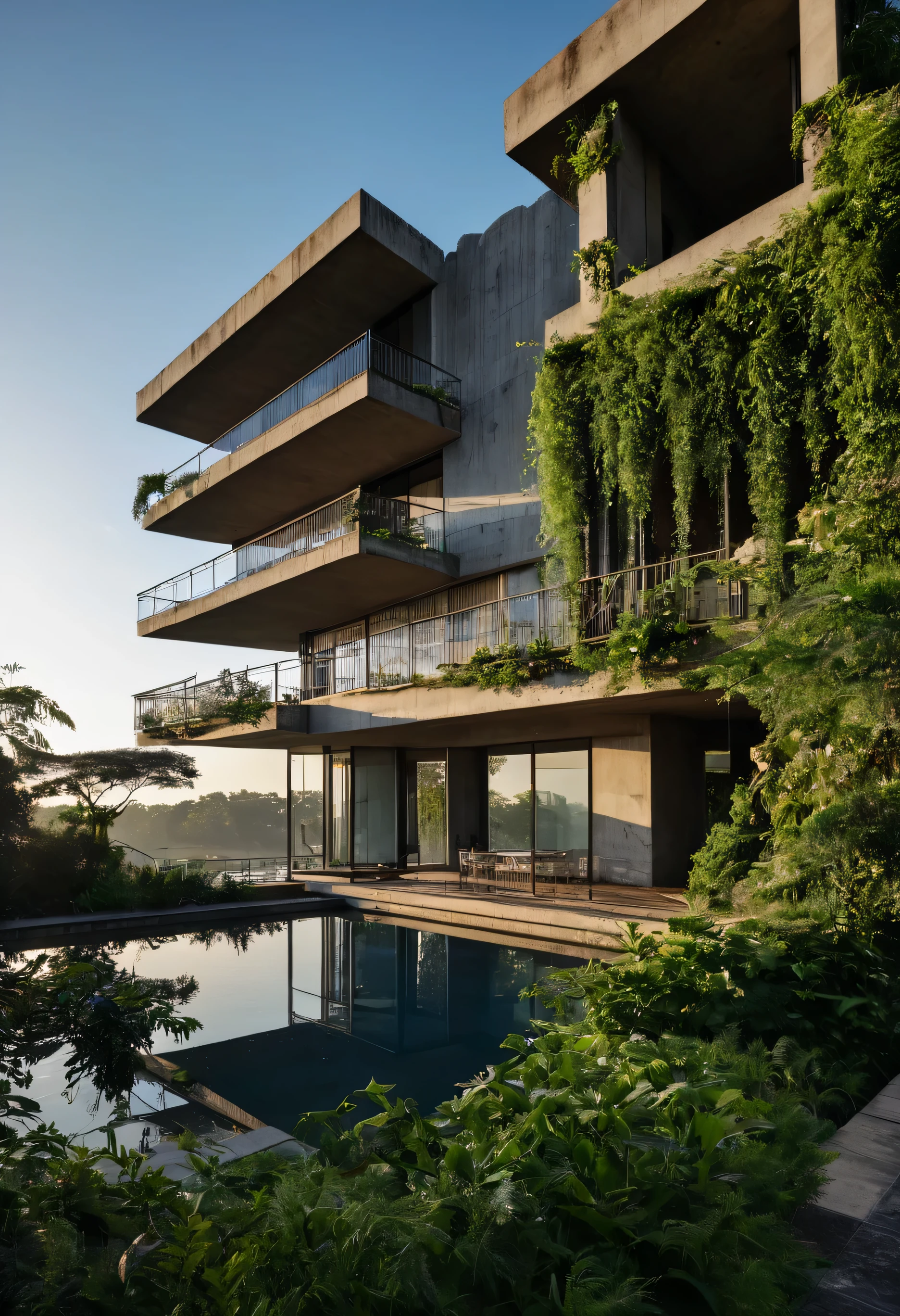 brutalist home, RAW image, taken on a Canon EOS R3, with wide lens, lente ultra wide angle, 8K top quality, natural look, dawn, 3 pm hour, DSLR photo ultra detailed, realistic. This four-story Brutalist home emerges with an imposing presence and austere elegance. Its massive, angular structure is complemented by balconies on each floor., adorned with climbing plants that soften the rigidity of the concrete and bring a touch of life to the architecture. The balconies are supported by Ionic columns, whose elaborate pharaonic-style capitals give the building a sense of grandeur and history. These columns seem to rise towards the sky, as pillars of strength and beauty, enquanto as plantas trepadeiras que as envolvem adicionam uma camada de delicadeza e vitalidade. In front of the house, um lago sereno se estende, capturing the sun&#39;s rays falling on its tranquil surface. A luz dourada do entardecer reflete nas janelas da casa, creating patterns of shadows and reflections that gently dance across concrete walls. in the sky, birds fly freely, suas silhuetas elegantes contrastando com o horizonte amplo e aberto. O som de suas asas batendo contra o ar ecoa pela paisagem, adding a serene soundtrack to the picturesque scene. Despite the grandeur of brutalist architecture, a casa parece integrar-se harmoniosamente ao ambiente natural ao seu redor. The lake and birds offer a sense of serenity and life, while the sunlight highlights the beauty and complexity of the architectural structure. This brutalist house is more than just a residence; is a work of art that encapsulates the interaction between man and nature, entre a rigidez do concreto e a delicadeza das plantas, between the solidity of history and the ephemerality of sunlight. It is a testament to architecture&#39;s ability to inspire and move, despite the apparent simplicity of its form and function.