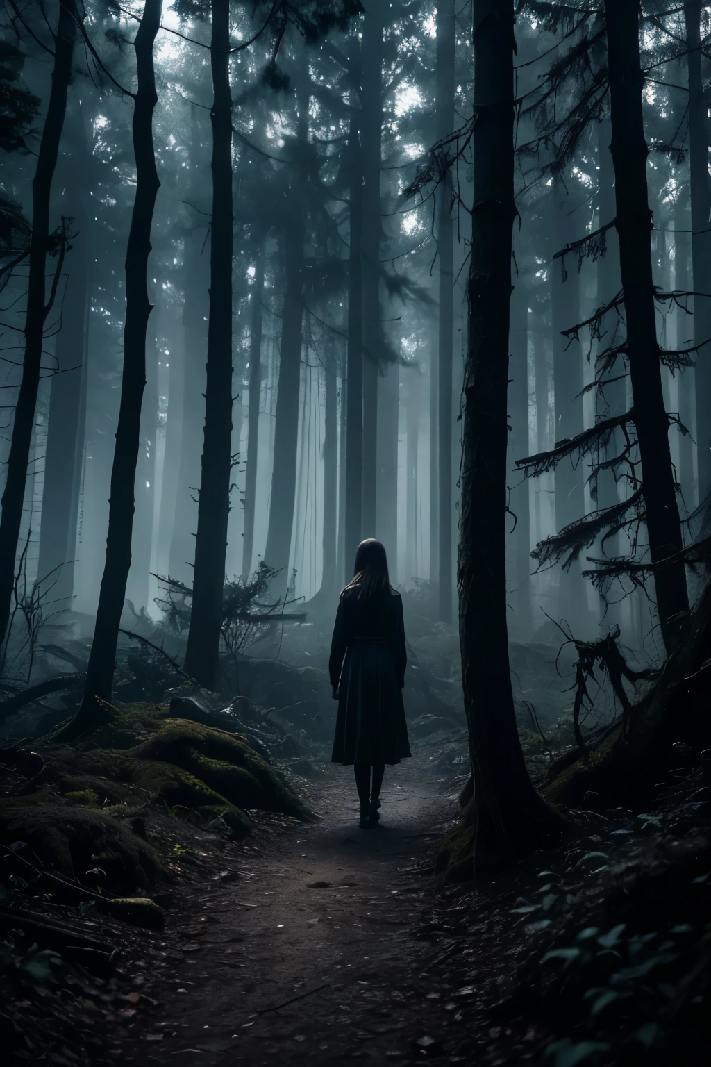 HDR realistic, high-resolution masterpiece: 1.3, Terrifying forest with dense foliage, a young girl frozen in fear, blood trickling down her trembling face, detailed and immersive ambiance, horror-filled atmosphere, hauntingly realistic, scared and vulnerable protagonist, chillingly captured emotion, fear-stricken eyes, blood-soaked clothes, nightmarish surroundings, dark and eerie forest, twisted branches, ominous shadows, sinister creatures lurking in the shadows, immersive HDR rendering, spine-chilling visual effects, screams and whispers echoing through the trees, heart-pounding suspense, bone-chilling experience.