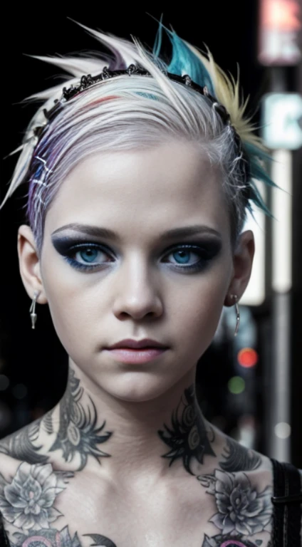 Tips for the given prompt words:
(ultra-high definition: 8K, 32K), ultra-detailed, realistic (1.4), vibrant white colors, albinism, punk girl, intricately detailed eyes, upper part of the body, colorful mohawk hair, avant-garde punk fashion, avant-garde makeup, numerous piercings, a lot of tattoos, urban streets background, backlight effect, shallow depth of field, vague background.
The image features a punk girl in vibrant white colors, likely due to her albinism. With her intricately detailed eyes, she captivates our attention as she focuses on something in the