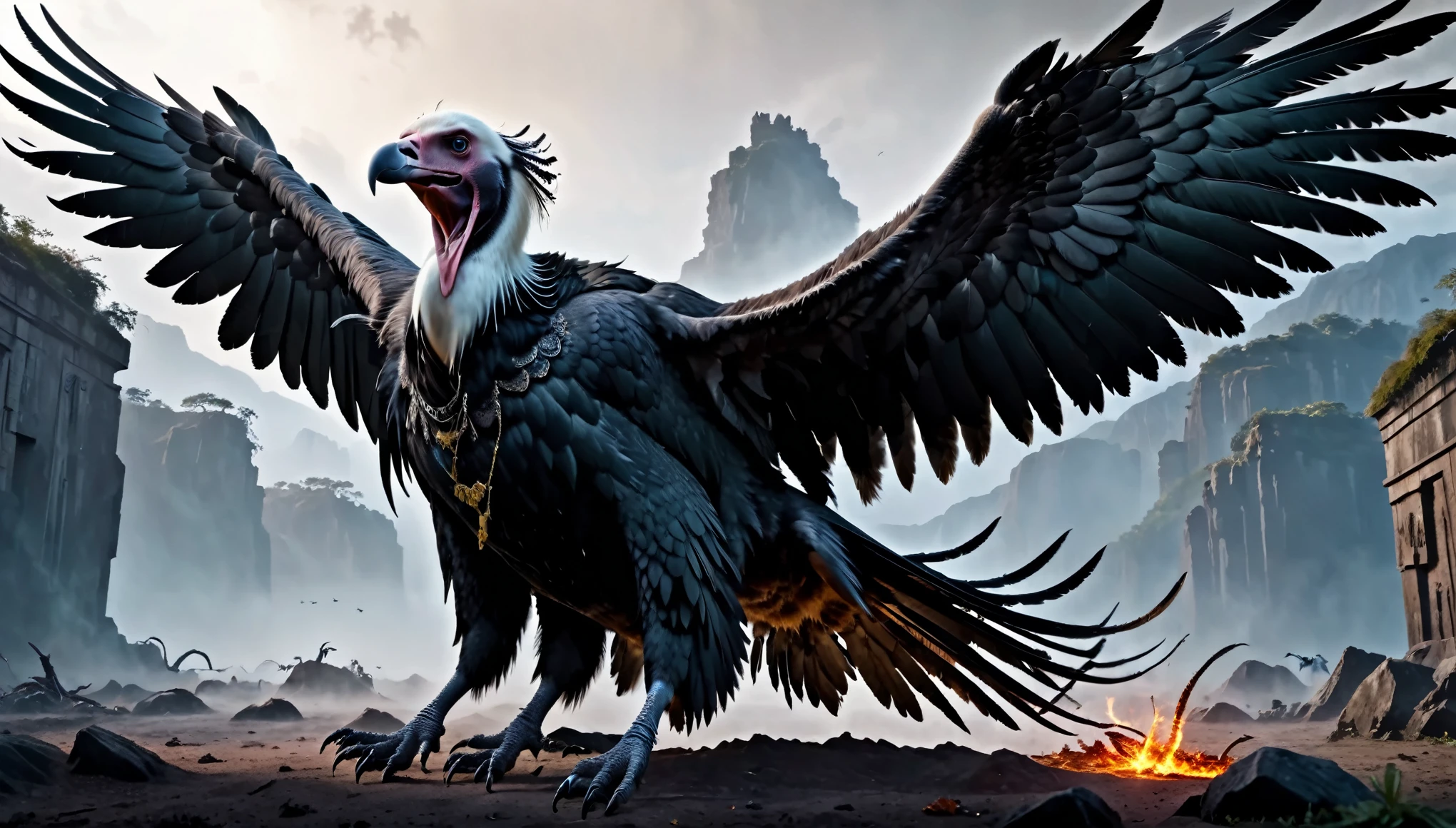 (master piece), 8k, best quality, giant vulture two meters tall with open wings four meters wide, sharp legs, lying on the ground, belly up, fainted