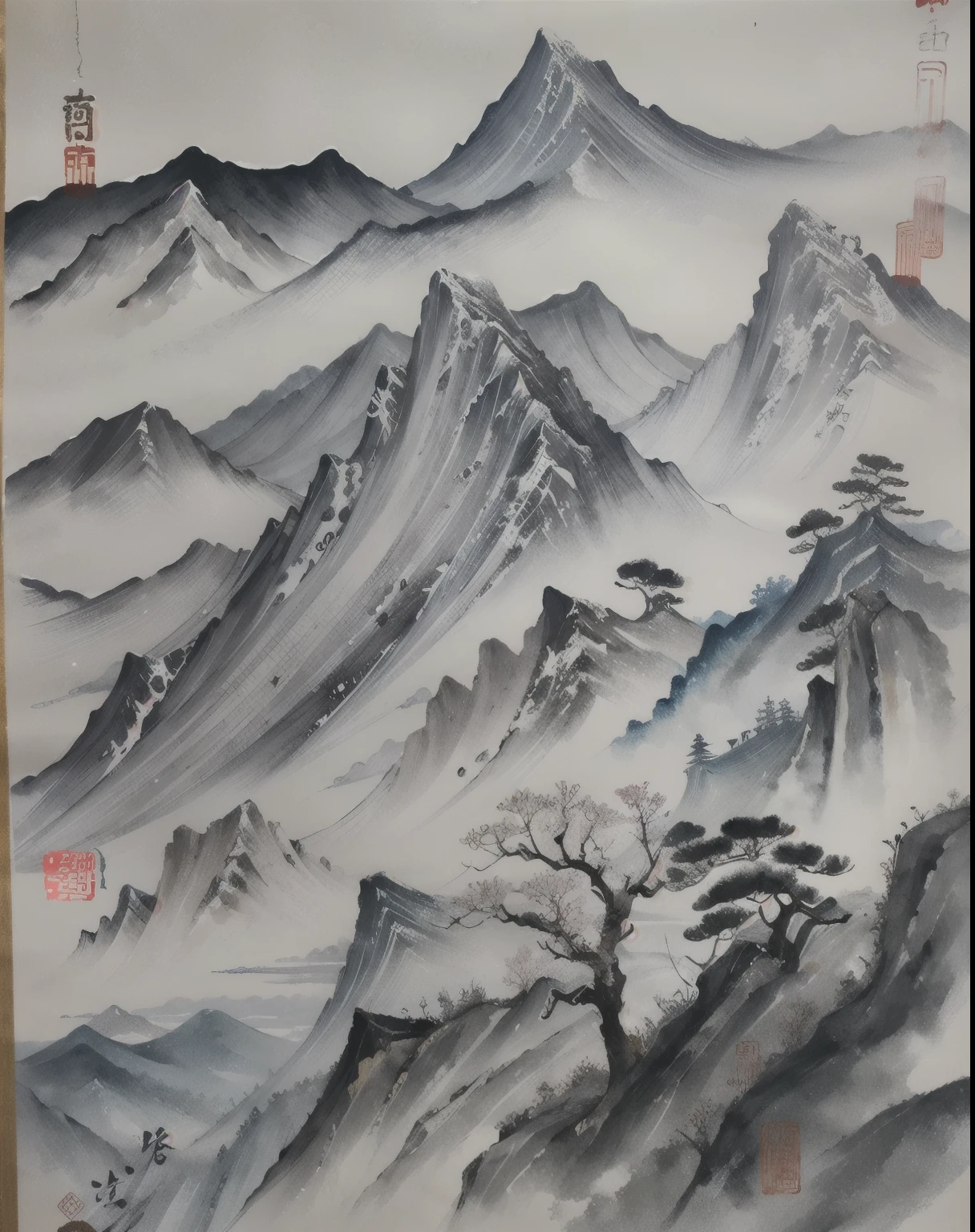 Close-up of a mountain painting，A mountain in the background, 中国ink painting, traditional 中国ink painting, 博物馆ink painting, ink painting, author：Xiao Yuncong, traditional Chinese painting, inspired by Dong Qichang, 黑色ink painting, Chinese painting style, Chinese painting, 中国ink painting, 错综复杂的ink painting, inspired author：Xiao Yuncong