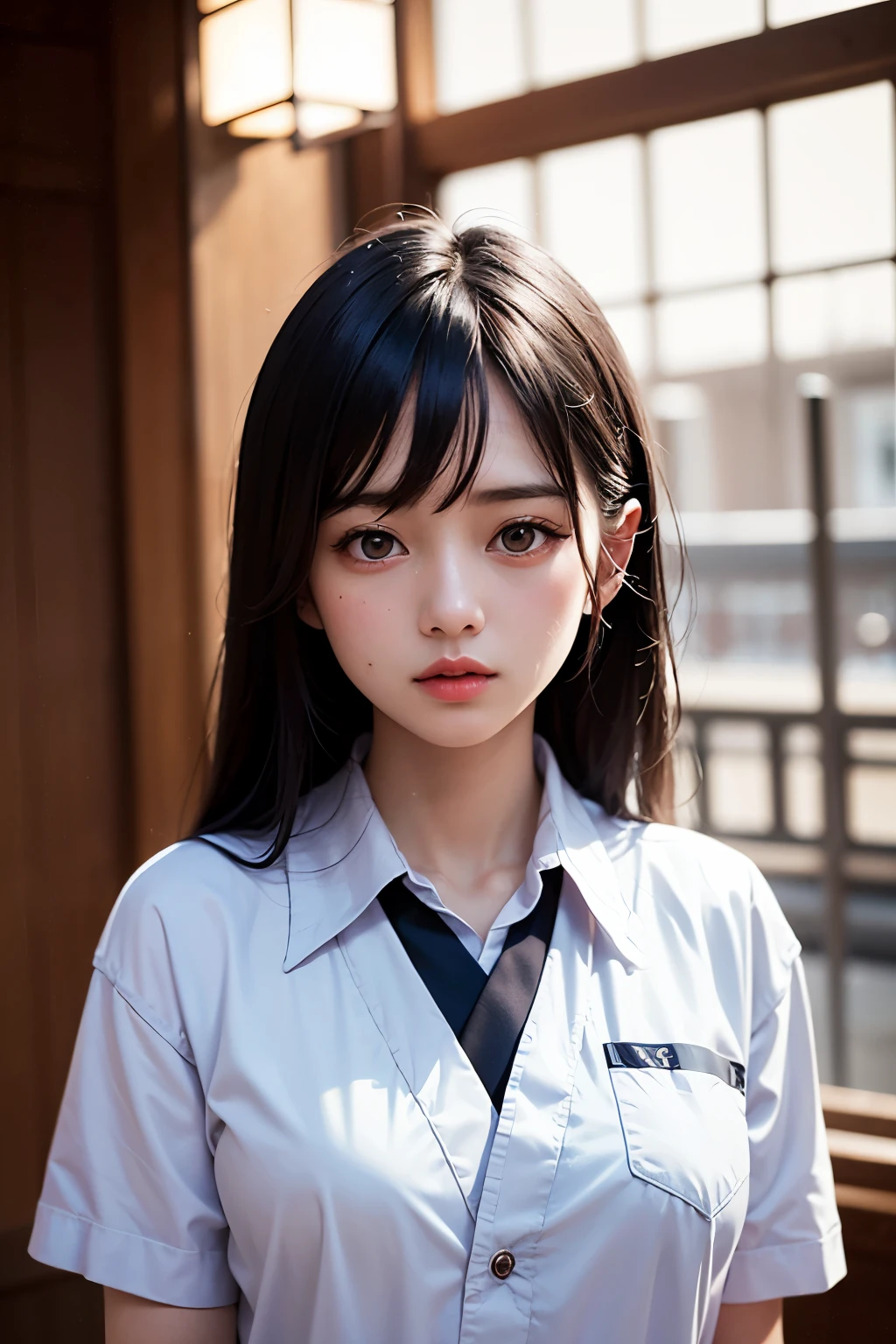 ((masterpiece, Highest quality)), (1 girl), (Lonely), (woman'Focus of), night (Chainsaw Man),(Extremely rich facial detail, Real image, Realistic white skin, Realistic body, Intricate details), Upper Body, Severe , Brown eyes, Looking at the audience, bandage over the body, Black Hair, Long sleeve shirt, Apron dress, Black tie, bandage, bandage, Small breasts