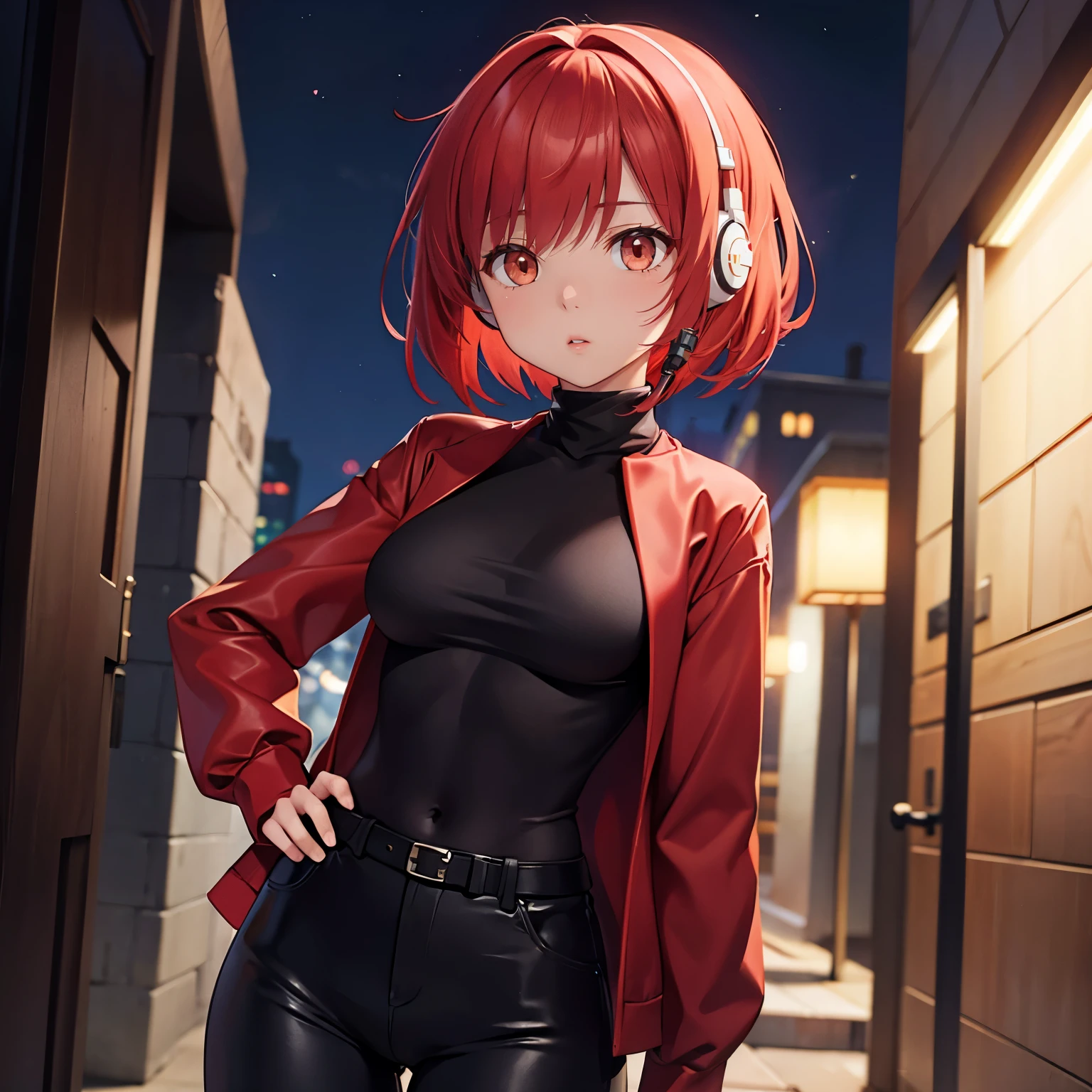 light skin, short hair, white eyes, red hair, girl, tall, medium chest, medium breast, turtleneck shirt, long pants, headphones, night, calm