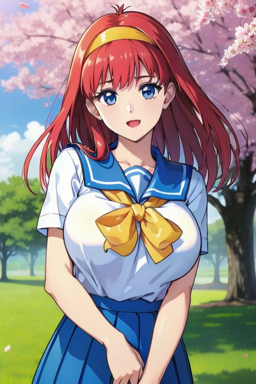 (Highly detailed beautiful face and eyes:1.2),(laugh together),((big breasts))、Skirt fluttering in the wind、fresh skin、beautiful feet,sailor suit、,redhead、yellow headband、Cherry blossom trees、
(highest quality,masterpiece:1.2),1 girl,looking at the viewer,
Natural light,hair blowing in the wind,beautiful detailed sky,