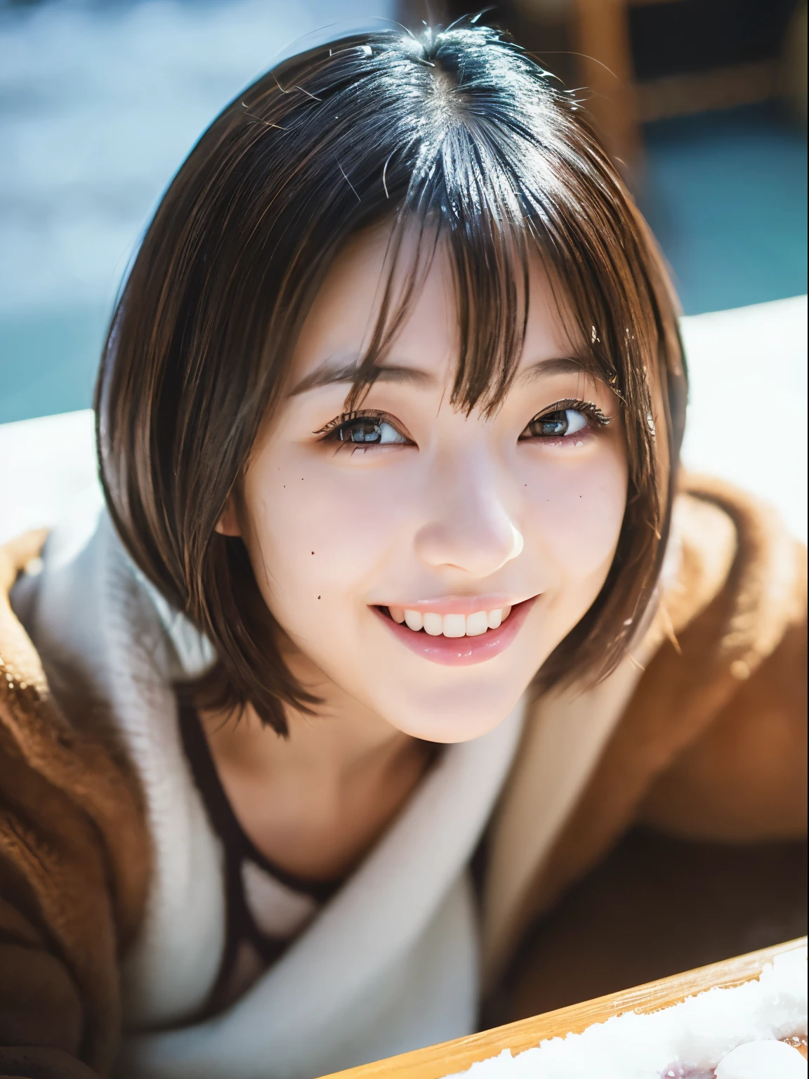 NSFW,nude,((( table top ))), (((highest quality))), ((Super detailed)), (photograph), ((very delicate and beautiful)),High resolution, 1 girl, 35 years old, beautiful japanese girl, (small breasts), ((plump lips)), (wavy hair),(short hair), ((I have one small mole under my eye)), (fine eyes),(detailed facial features), (fine arms),(fine fingers),(fine legs), ((smile)),(((Winter clothes))), ((film grain)), ((Single-lens reflex camera)), ((35mm lens focal length))、bob hair、Japanese woman with bob、shortcut、hostel、Shooting in an open-air bath、Various poses