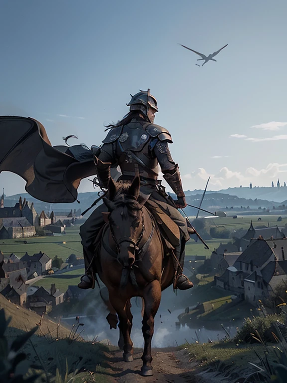  Cartoon style pictures ，(Europe)，man,midnight，Overall black tone， Characters take up one fifth，Create dystopian masterpieces, Game of Thrones movie scenes, The whole character is dressed in Game of Thrones style, Rugged full body metal armor， The background is the medieval manor farmland，river，torch，horse，flying dragon，A group of farmers，field，farming，(helmet，Face covering，In the shadows，Faceless，健壮的man, strong, shabby),dynamic poses， ((Turn your back to the camera，look into the distance，not looking at camera)), Photos taken from a distance, 