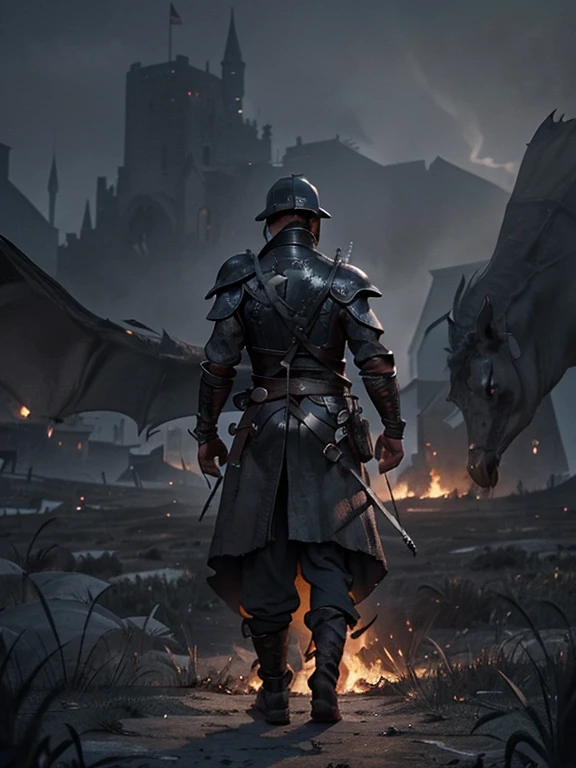  Cartoon style pictures ，(Europe)，man,midnight，Overall black tone， Characters take up one fifth，Create dystopian masterpieces, Game of Thrones movie scenes, The whole character is dressed in Game of Thrones style, Rugged full body metal armor， The background is the medieval manor farmland，river，torch，horse，flying dragon，A group of farmers，field，farming，(helmet，Face covering，In the shadows，Faceless，健壮的man, strong, shabby),dynamic poses， ((Turn your back to the camera，look into the distance，not looking at camera)), Photos taken from a distance, 