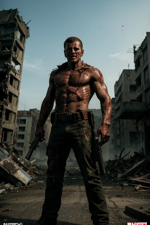 in the style of comics about a zombie apocalypse. The hero stands at full height with a machine gun. a lot of zombies in the background and destroyed buildings