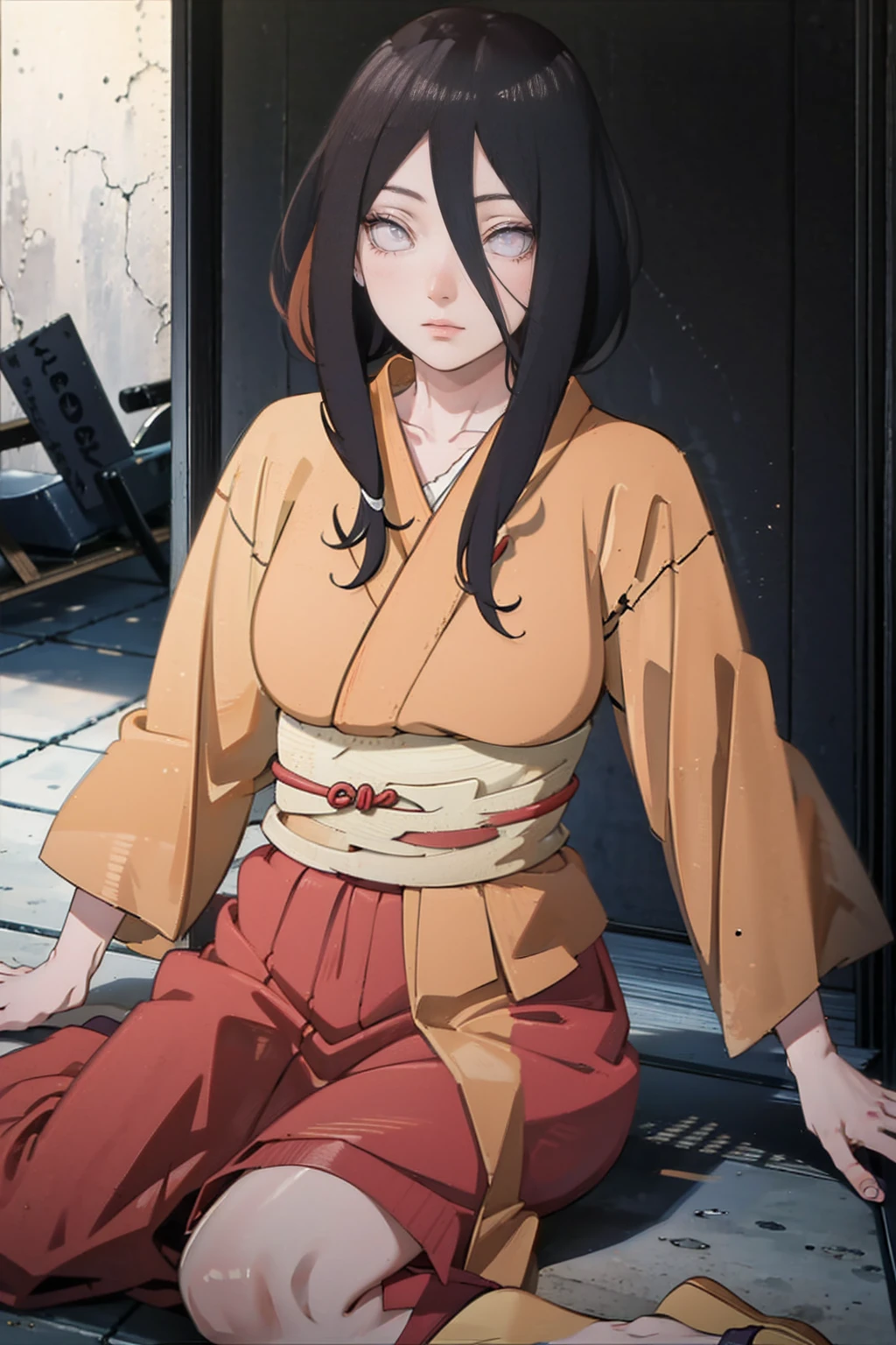 tmasterpiece, hoang lap , (Complicated details), (rich colourful), movie lighting, bust, the Extremely Detailed CG Unity 8K Wallpapers , Hinata flower ratio, 1girll, solo, orange kimono, Red hakama skirt, obi strip, Wide sleeves, looking at viewert, ventania, Combat posture, Low hair tied long,dinamic poses, lilac eyes, sitting oh the floor