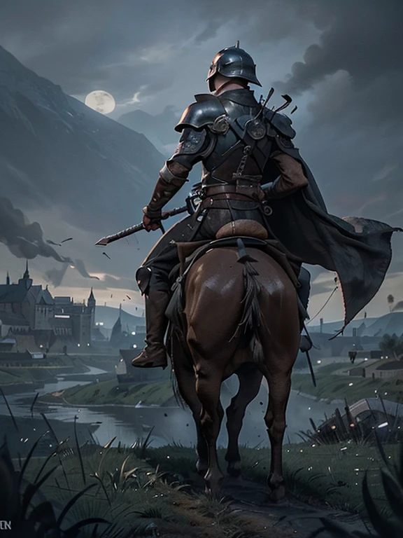 Cartoon style pictures ,(Europe),man,midnight,Overall black tone, Characters take up one fifth,Create dystopian masterpieces, Game of Thrones movie scenes, The whole character is dressed in Game of Thrones style, Rugged full body metal armor, The background is the medieval manor farmland,river,torch,horse,flying dragon,A group of farmers,field,farming,(helmet,Face covering,In the shadows,Faceless,健壮的man, strong, shabby),dynamic poses, ((Turn your back to the camera,look into the distance,not looking at camera)), Photos taken from a distance,