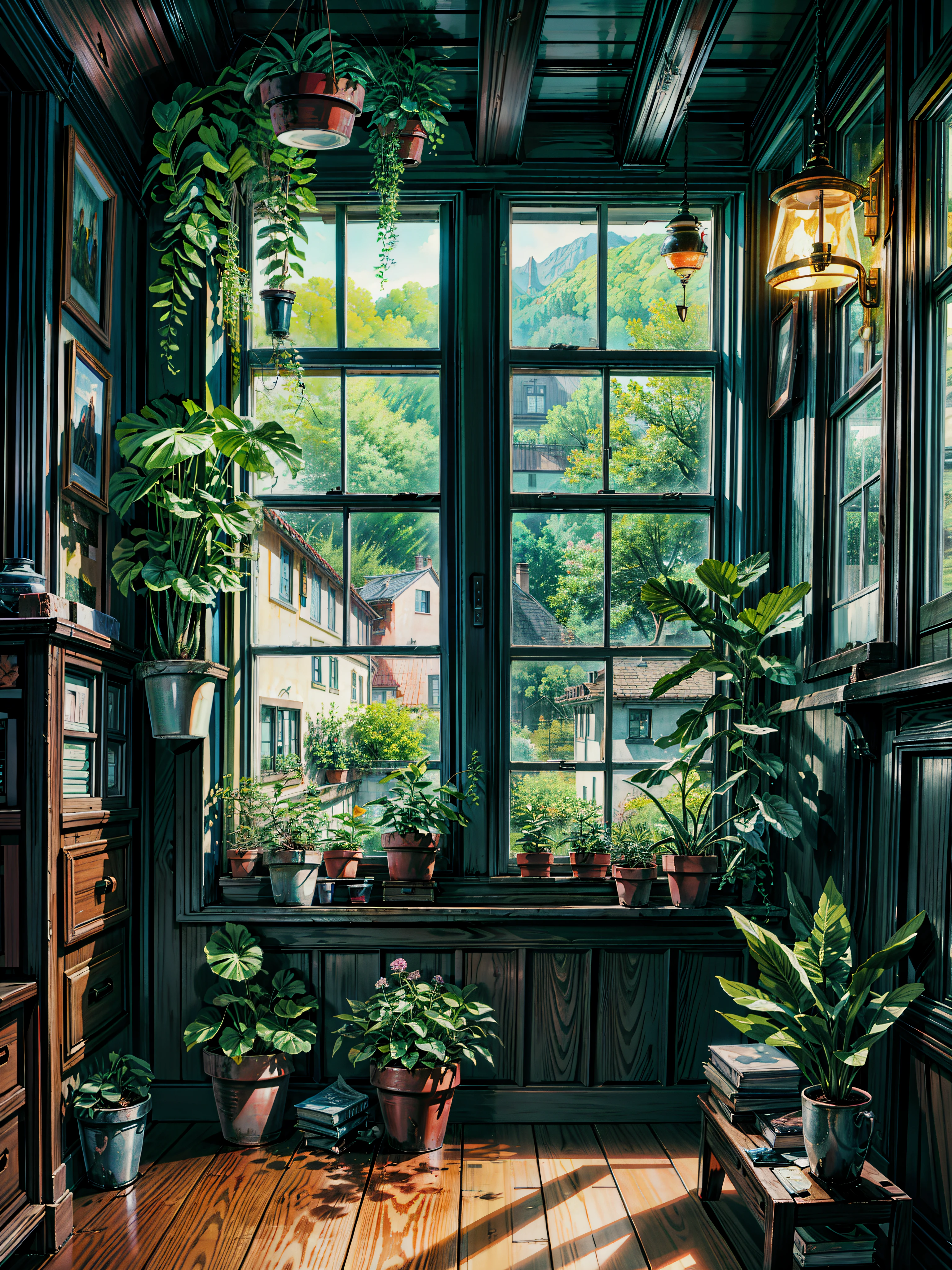 a room filled with lots of potted plants, by Evgeny Lushpin, inspired by Evgeny Lushpin, realistic windows, photorealistic room, by Edward Okuń, by Chris LaBrooy, painting of a room, personal room background, hypperrealistic painting, cozy home background, lit windows, room full of plants, window sill with plants, the window, 4k hd,, beautiful art uhd 4 k, a beautiful artwork illustration, beautiful digital painting, highly detailed digital painting, beautiful digital artwork, detailed painting 4 k, very detailed digital painting, rich picturesque colors, gorgeous digital painting