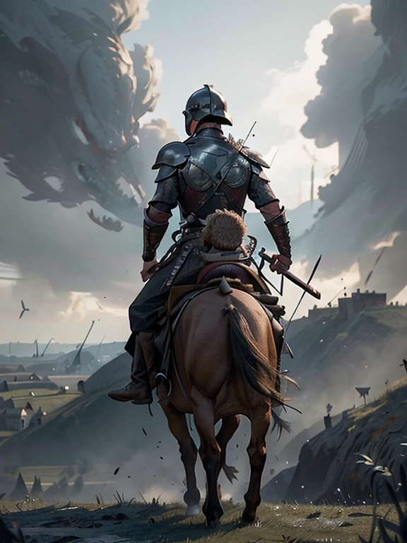  Cartoon style pictures ，(Europe)，man,midnight，Overall black tone， Characters take up one fifth，Create dystopian masterpieces, Game of Thrones movie scenes, The whole character is dressed in Game of Thrones style, Rugged full body metal armor， The background is the medieval manor farmland，river，torch，horse，flying dragon，A group of farmers，field，farming，(helmet，Face covering，In the shadows，Faceless，健壮的man, strong, shabby),dynamic poses， ((Turn your back to the camera，look into the distance，not looking at camera)), Photos taken from a distance, 