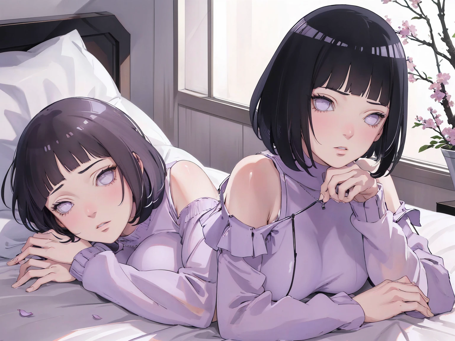 best qualityer, work of art, high resolution,girl with short purple hair brown eyes with black sweatshirt,bedroom with led