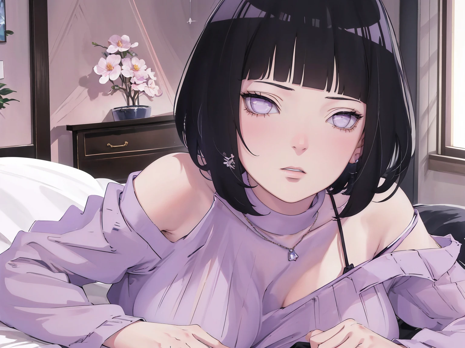 { - anatomy error} (Masterpiece - Ultra-detailed, very high resolution) (huge titusty, masterpiece, absurdres, hinata\(boruto\), 1girl, solo,mature female, off-shoulder bra, high waist black short skirt, looking at viewelling petals), perfect composition, detailed lips, big breast, beautiful face, body propotion, blush, (pink lips), short hair, (black hair), purple eyes, soft gaze, super realistic, detailed, photoshoot, realistic face and body, closed mouth, laying on the bed , Lie on your stomach on the bed, lilac eyes, upper body, lace clothes, with chin resting on shoulder, perfect fingers
