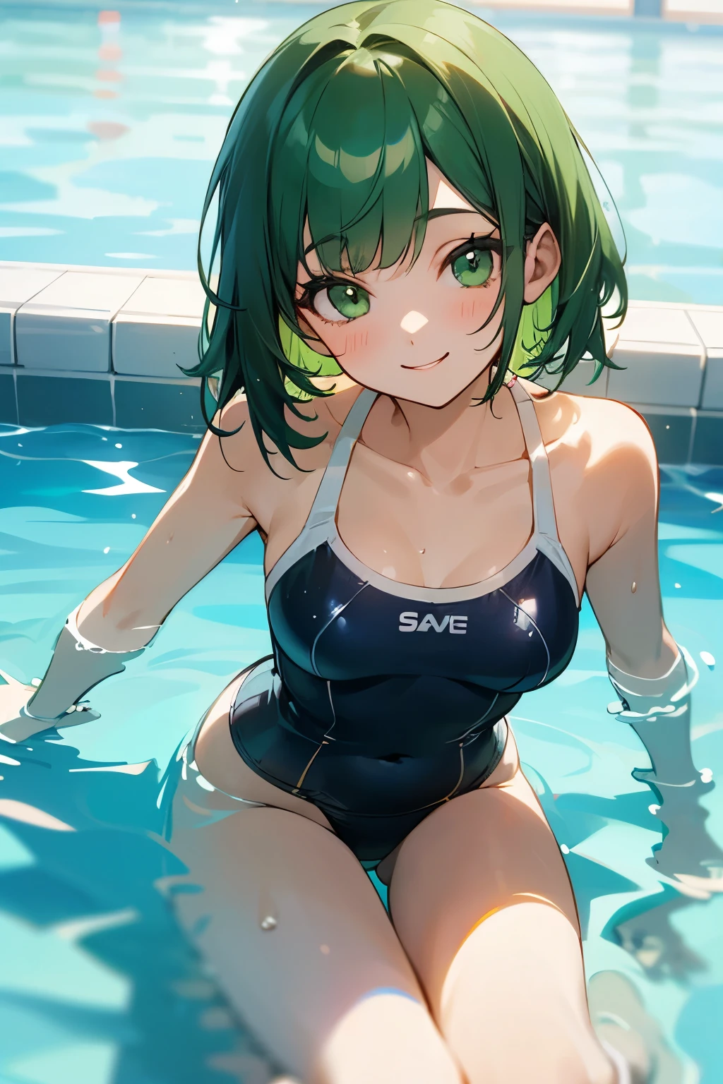swimming club、beautiful girl、green hair、medium hair、green eyes、smile、Swimsuit、