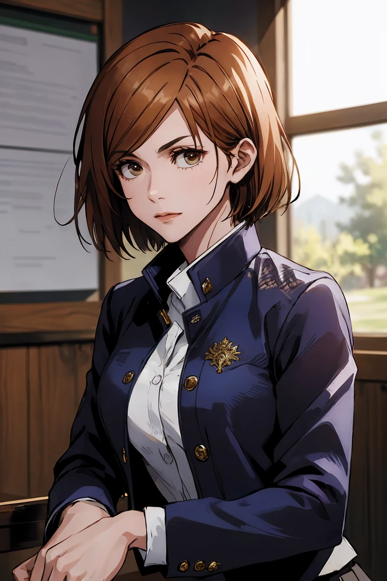 1girl, cowboy shot, beautiful Nobara, school_uniform, bangs, jacket,, volumetric lighting, best quality, masterpiece, intricate details, tonemapping, sharp focus, hyper detailed, trending on Art Station, 4k, upper body, backwards, sitting