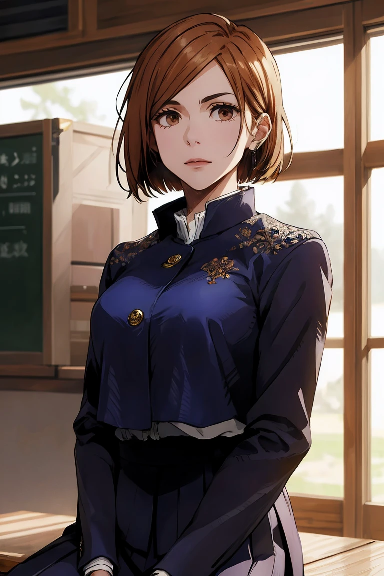 1girl, cowboy shot, beautiful Nobara, school_uniform, bangs, jacket,, volumetric lighting, best quality, masterpiece, intricate details, tonemapping, sharp focus, hyper detailed, trending on Art Station, 4k, upper body, backwards, sitting
