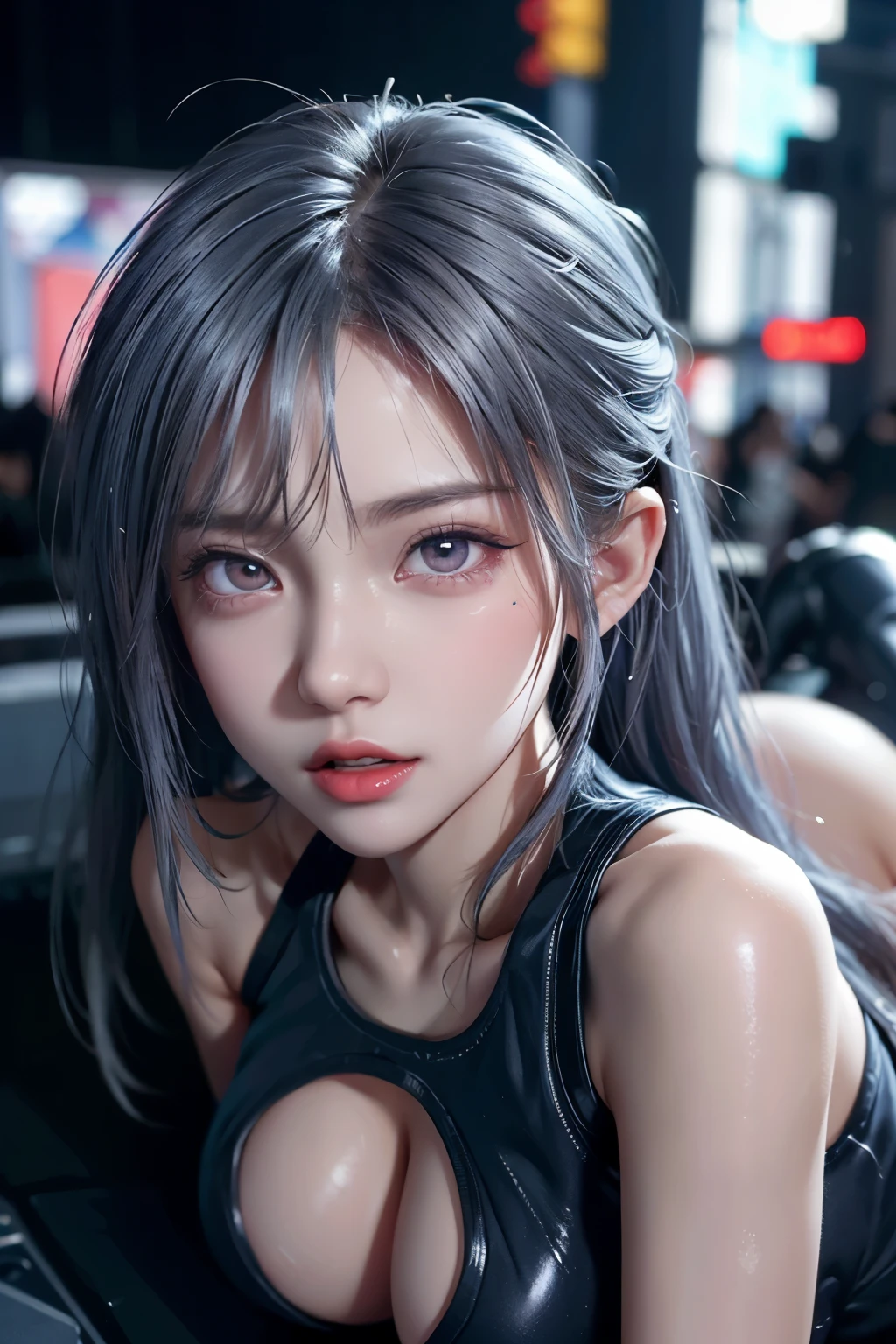 girl, naked, full body, embarrassed, bashful face, open mouth, orgasm face, feel ecstasy, crying, glaring, looking up, look at viewer, talking, background crowded New York city, battle scenes, cyber punk suit, bloody, sexy, silver color hair, perfect body, huge butt, wide open ass hole, beautiful tits, high detailed real nipple, beautiful eye, high detailed pupil, double eyelid, beautiful vagina, high detailed real clitoris, high detailed real skin, high quality skin, sweaty skin, professional lighting, real shadow, masterpiece,