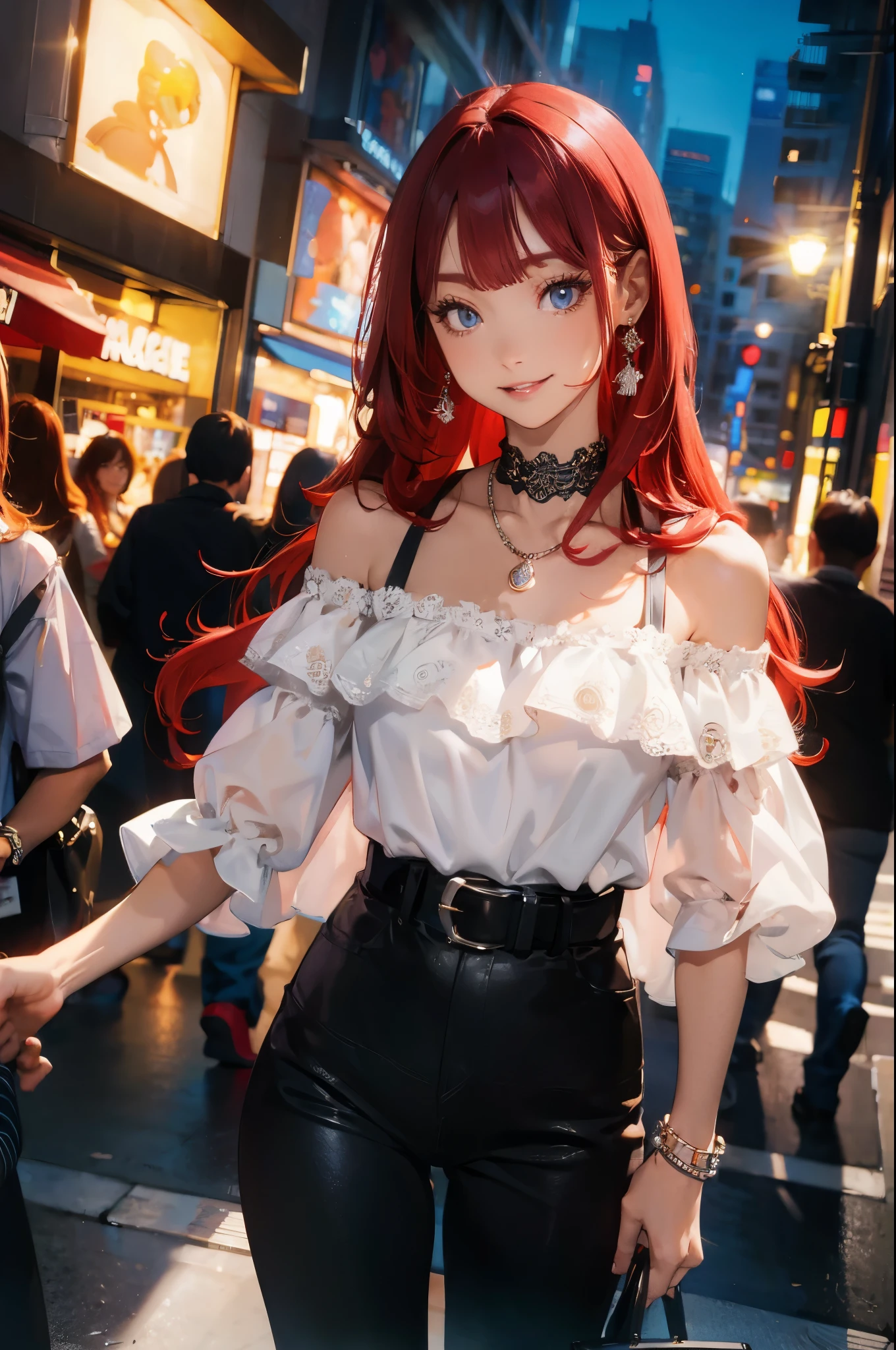 An anime girl with red hair and blue eyes wearing a skirt and an open shirt revealing a black and red bra