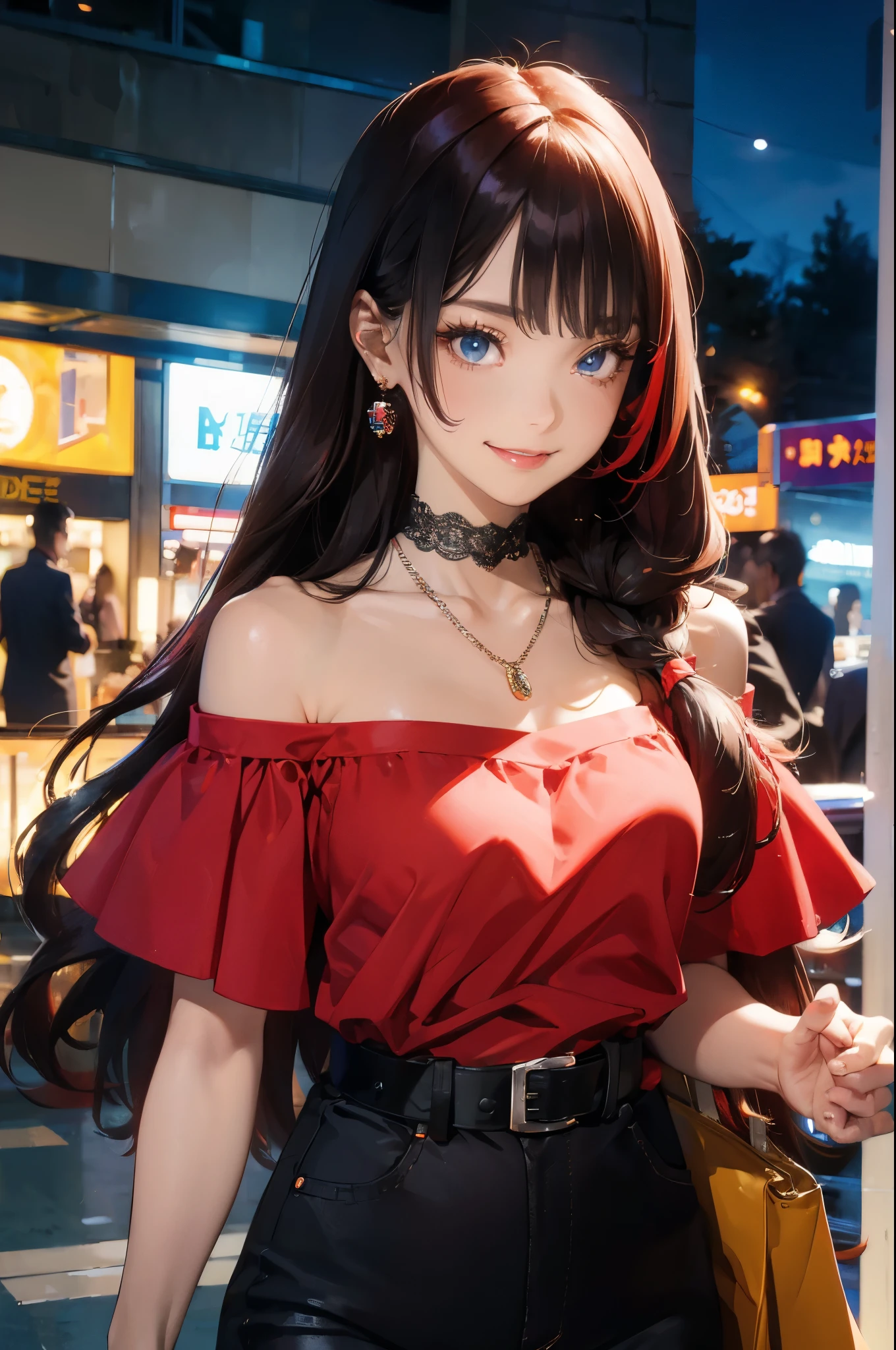 (masterpiece:1.2), (best quality:1.2), perfect eyes, perfect face, perfect lighting, 1 girl, adult, Smile, long red hair, straight hair, Exquisite hairstyle, fashionable, One-piece off-shoulder long shirt, Band Printing, jewelry, necklace, earrings, armband, lace choker, belt, Low-rise black jeans, thick eyelashes, cosmetic, eye shadow, Detailed shopping mall background, crowd