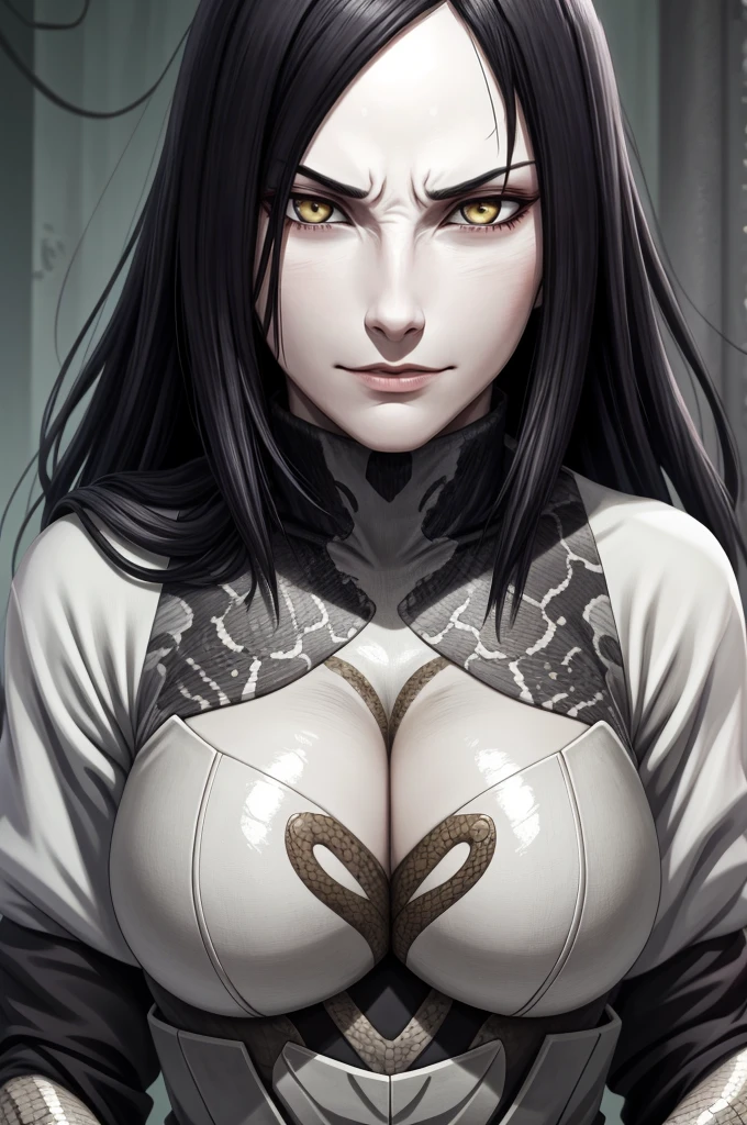 {-erro_de_anatomia:1.0} estilo anime, Masterpiece, absurdities, Orochimaru\(Naruto\), 1girl Solo, Mature woman, Oversized shirt with broad shoulders, Perfect composition, Detailed lips, large breasts, Beautiful face, body proportion, Blush, Long black hair, ( black hair), yellow eyes, Soft gauze, Super realistic, Detailed, photo shoot, Realistic faces and bodies, masterpiece, best quality, best ( white snake) illustration, hyper detailed, 1 girl, solo, glamorous, blushing, whole body,