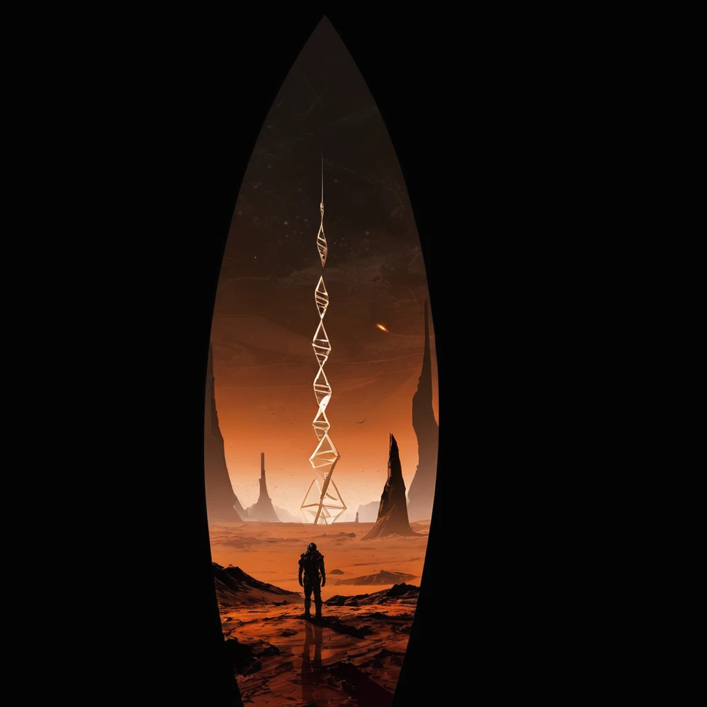 complex geometric shape, massive dead space Markers are enigmatic double-helix shaped obelisks of extraterrestrial origin, a massiving towering titan on a barren alien apocalyptic planet, bleak, cold, drab coloring, dead space video game aesthetics,