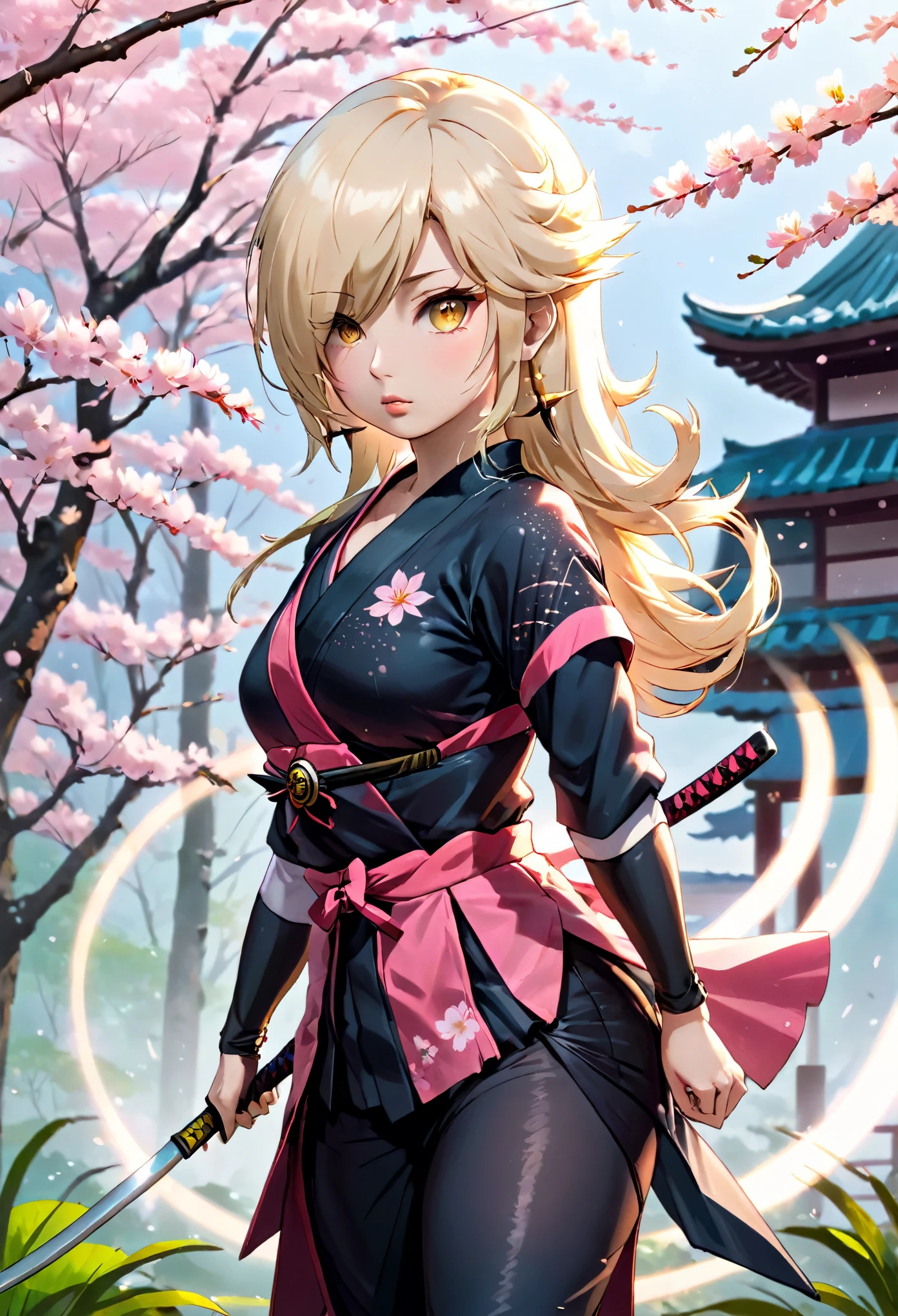 (best quality,ultra-detailed,realistic:1.37),studio lighting,sharp focus,katana warrior,blonde hair,kunoichi outfit,confident expression,dynamic pose,peaceful garden,serene background,traditional Japanese art style,vivid colors,subtle lighting,gentle breeze,hint of cherry blossoms,subtle fog,sublime atmosphere,dramatic composition,eye-catching contrast,masterpiece:1.2