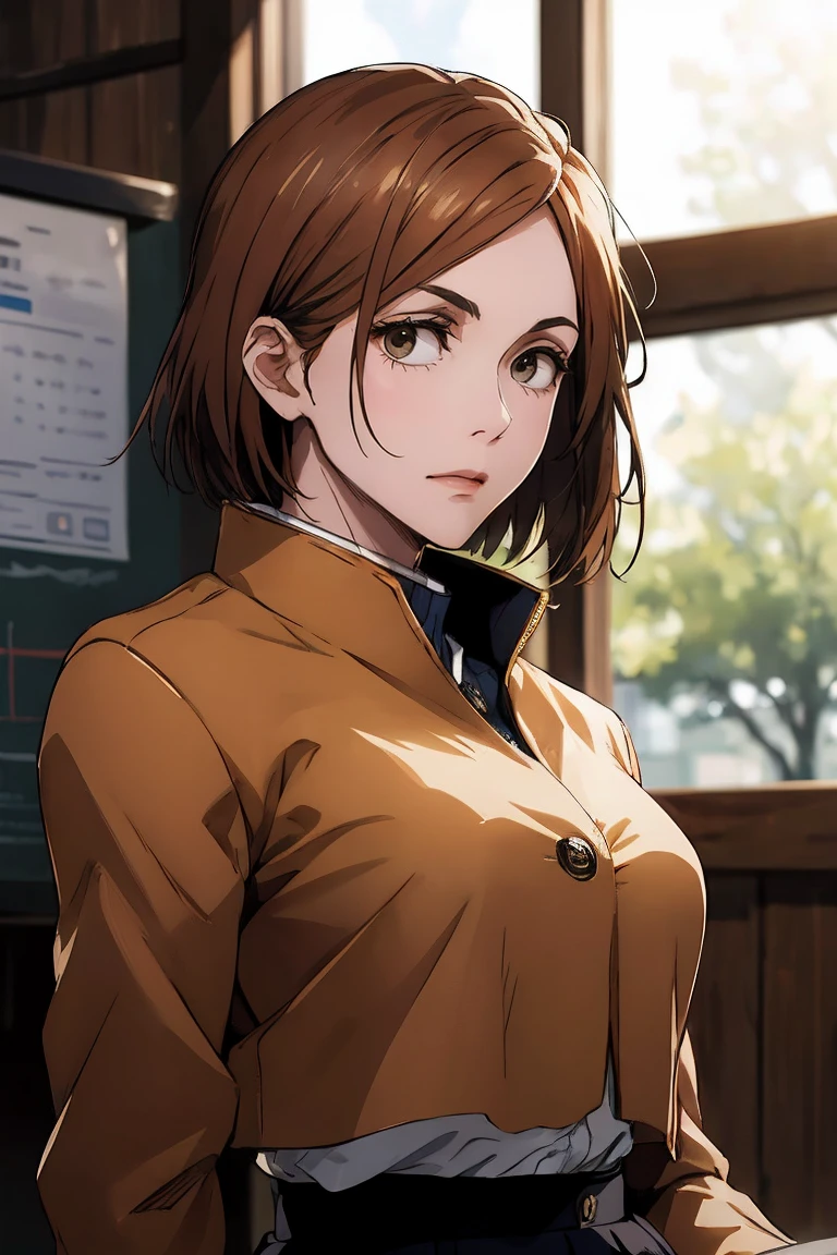 1girl, cowboy shot, beautiful Nobara, school_uniform, bangs, jacket,, volumetric lighting, best quality, masterpiece, intricate details, tonemapping, sharp focus, hyper detailed, trending on Art Station, 4k, upper body, backwards, sitting