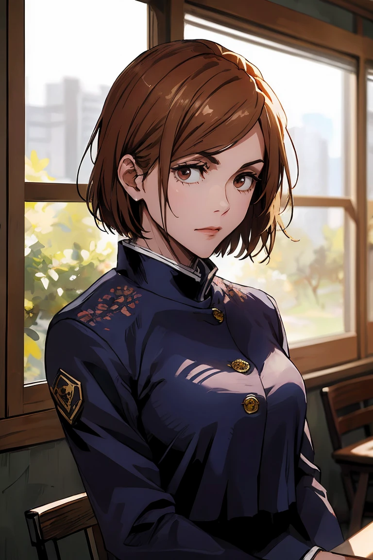 1girl, cowboy shot, beautiful Nobara, school_uniform, bangs, jacket,, volumetric lighting, best quality, masterpiece, intricate details, tonemapping, sharp focus, hyper detailed, trending on Art Station, 4k, upper body, backwards, sitting