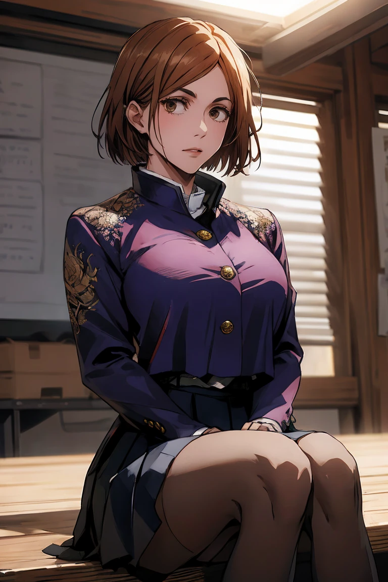 1girl, cowboy shot, beautiful Nobara, school_uniform, bangs, jacket,, volumetric lighting, best quality, masterpiece, intricate details, tonemapping, sharp focus, hyper detailed, trending on Art Station, 4k, upper body, backwards, sitting