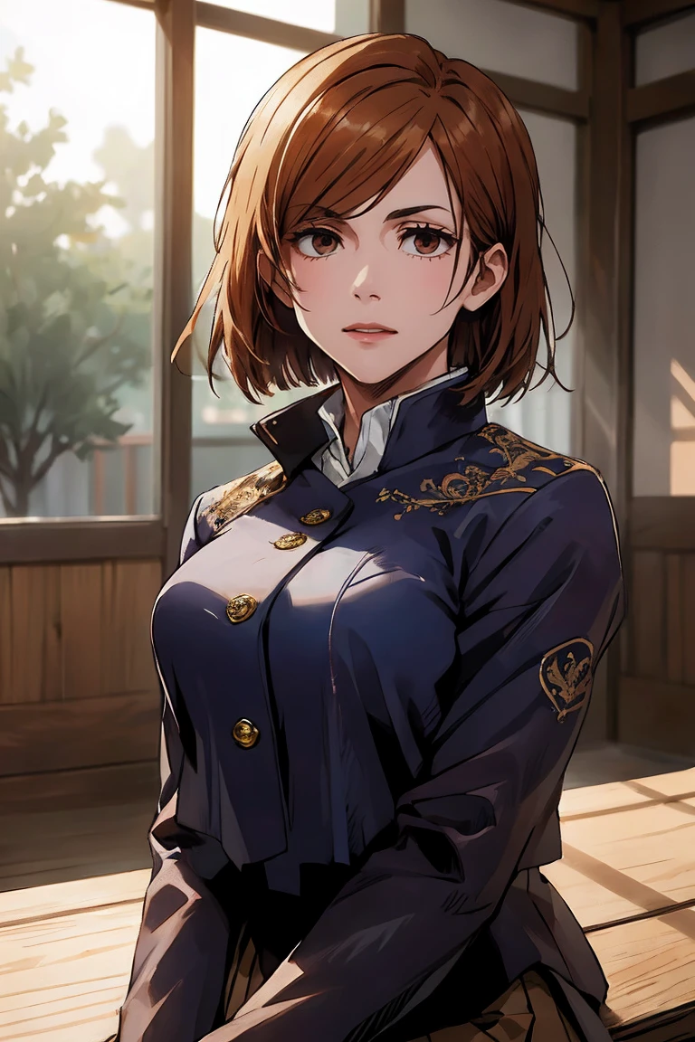 1girl, cowboy shot, beautiful Nobara, school_uniform, bangs, jacket,, volumetric lighting, best quality, masterpiece, intricate details, tonemapping, sharp focus, hyper detailed, trending on Art Station, 4k, upper body, backwards, sitting