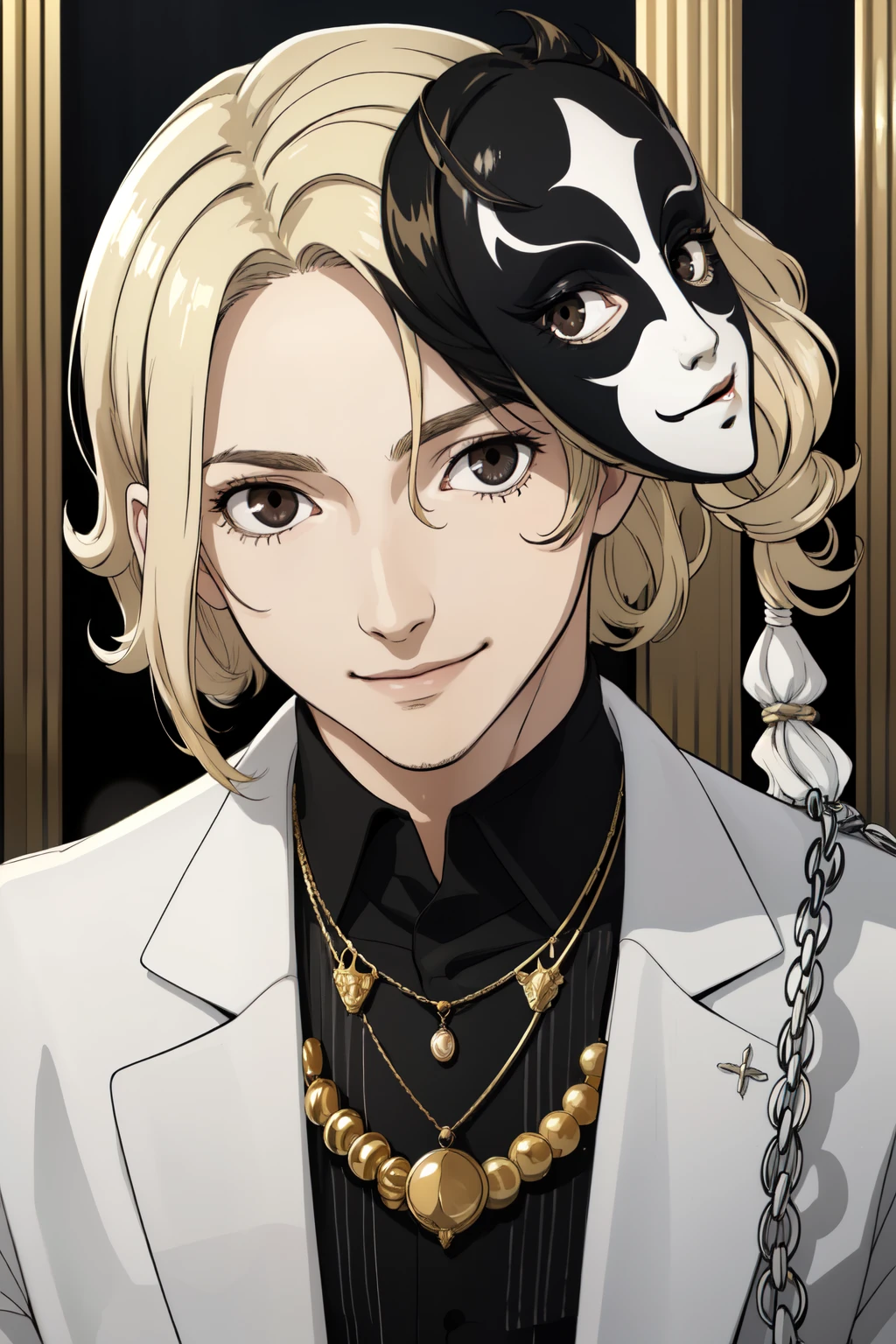 "(best quality, high resolution), man, alone, straight blonde hair with black roots in the middle parting, short hair, black and blonde hair, hair curly, brown eyes, smiling, bracelets, white striped shirt, necklace, hair black highlights, portrait, studio lighting, surrealistic, black hair blonde stripes, white theater mask, gold overcoat, white gloves, white mask, big white mask"