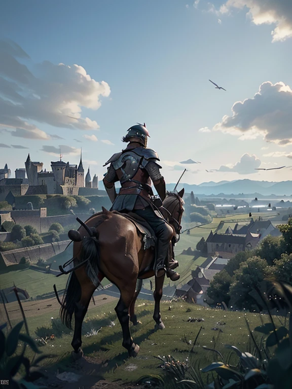  Cartoon style pictures ，(Europe)，man,midnight，Overall black tone， Characters take up one fifth，Create dystopian masterpieces, Game of Thrones movie scenes, The whole character is dressed in Game of Thrones style, Rugged full body metal armor， The background is the medieval manor farmland，river，torch，horse，flying dragon，A group of farmers，field，farming，(helmet，Face covering，In the shadows，Faceless，健壮的man, strong, shabby),dynamic poses， ((Turn your back to the camera，look into the distance，not looking at camera)), Photos taken from a distance, 