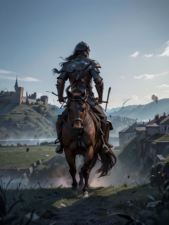 Cartoon style pictures ，(Europe)，man,midnight，Overall black tone， Characters take up one fifth，Create dystopian masterpieces, Game of Thrones movie scenes, The whole character is dressed in Game of Thrones style, Rugged full body metal armor， The background is the medieval manor farmland，river，torch，horse，flying dragon，A group of farmers，field，farming，(helmet，Face covering，In the shadows，Faceless，健壮的man, strong, shabby),dynamic poses， ((Turn your back to the camera，look into the distance，not looking at camera)), Photos taken from a distance, 